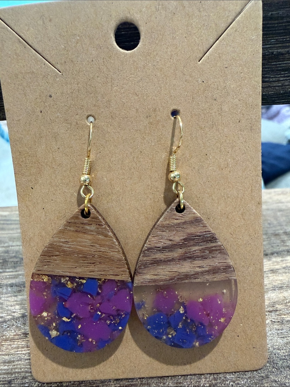 Wood & Resin Teardrop Earrings - Purple and Blue Accents
